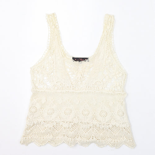 Miso Womens Ivory Geometric Cotton Basic T-Shirt Size 6 Scoop Neck - Lace