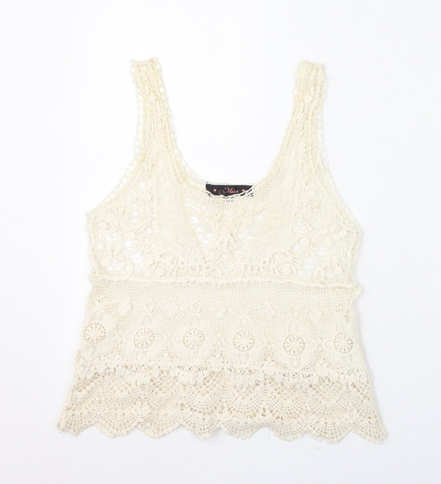 Miso Womens Ivory Geometric Cotton Basic T-Shirt Size 6 Scoop Neck - Lace