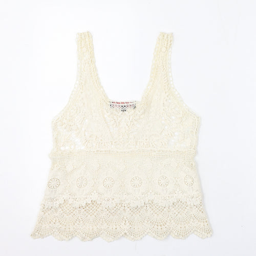 Miso Womens Ivory Geometric Cotton Basic T-Shirt Size 6 Scoop Neck - Lace