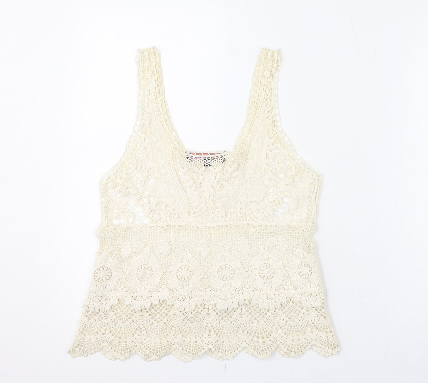 Miso Womens Ivory Geometric Cotton Basic T-Shirt Size 6 Scoop Neck - Lace