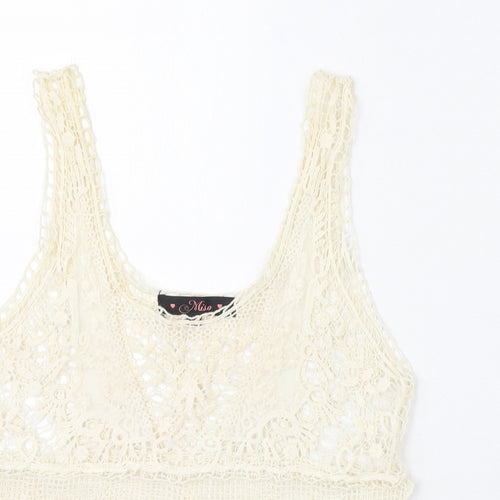 Miso Womens Ivory Geometric Cotton Basic T-Shirt Size 6 Scoop Neck - Lace