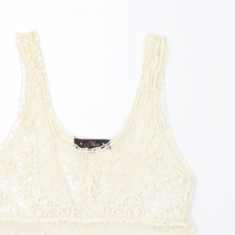 Miso Womens Ivory Geometric Cotton Basic T-Shirt Size 6 Scoop Neck - Lace