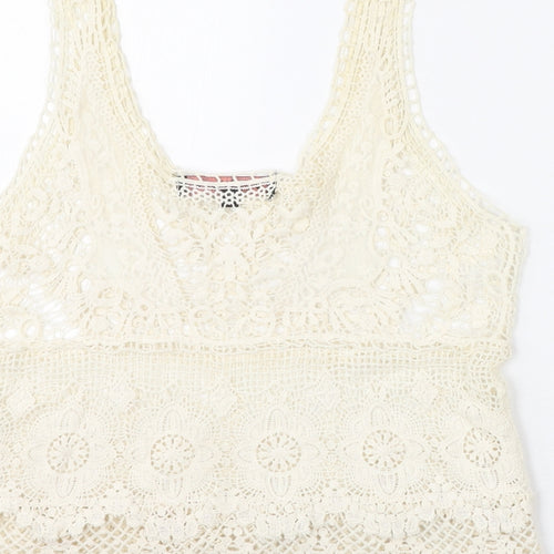 Miso Womens Ivory Geometric Cotton Basic T-Shirt Size 6 Scoop Neck - Lace