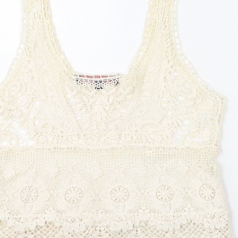 Miso Womens Ivory Geometric Cotton Basic T-Shirt Size 6 Scoop Neck - Lace