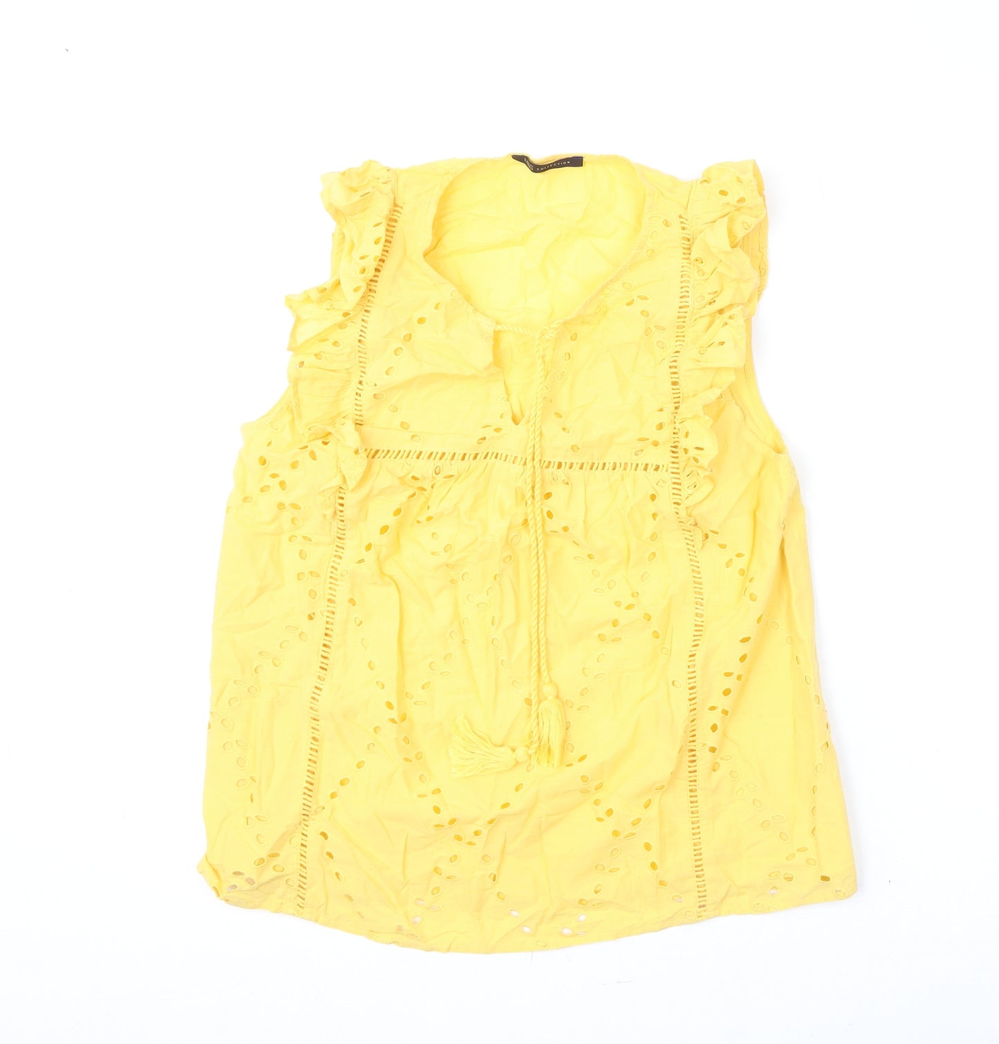 Marks and Spencer Womens Yellow Cotton Basic Blouse Size 10 V-Neck - Embroidery