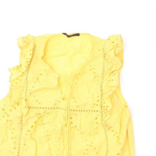 Marks and Spencer Womens Yellow Cotton Basic Blouse Size 10 V-Neck - Embroidery