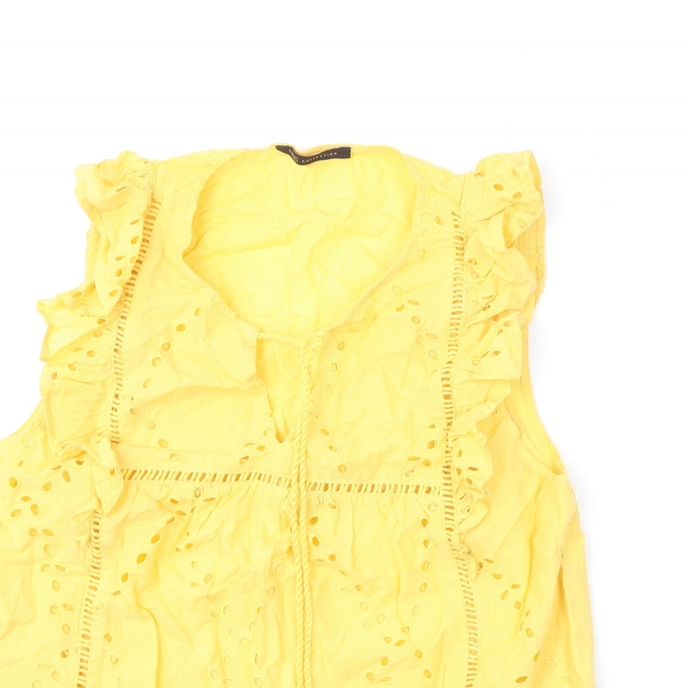 Marks and Spencer Womens Yellow Cotton Basic Blouse Size 10 V-Neck - Embroidery
