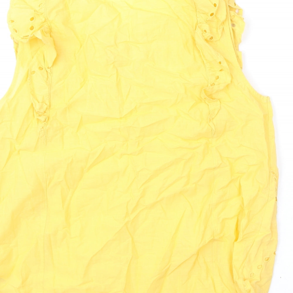 Marks and Spencer Womens Yellow Cotton Basic Blouse Size 10 V-Neck - Embroidery