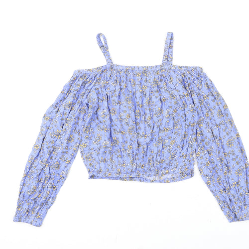 Marks and Spencer Girls Blue Floral Viscose Basic Blouse Size 11-12 Years Square Neck Pullover - Bardot Look