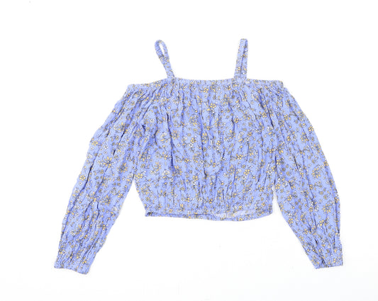 Marks and Spencer Girls Blue Floral Viscose Basic Blouse Size 11-12 Years Square Neck Pullover - Bardot Look