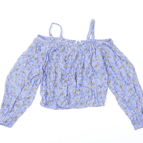 Marks and Spencer Girls Blue Floral Viscose Basic Blouse Size 11-12 Years Square Neck Pullover - Bardot Look