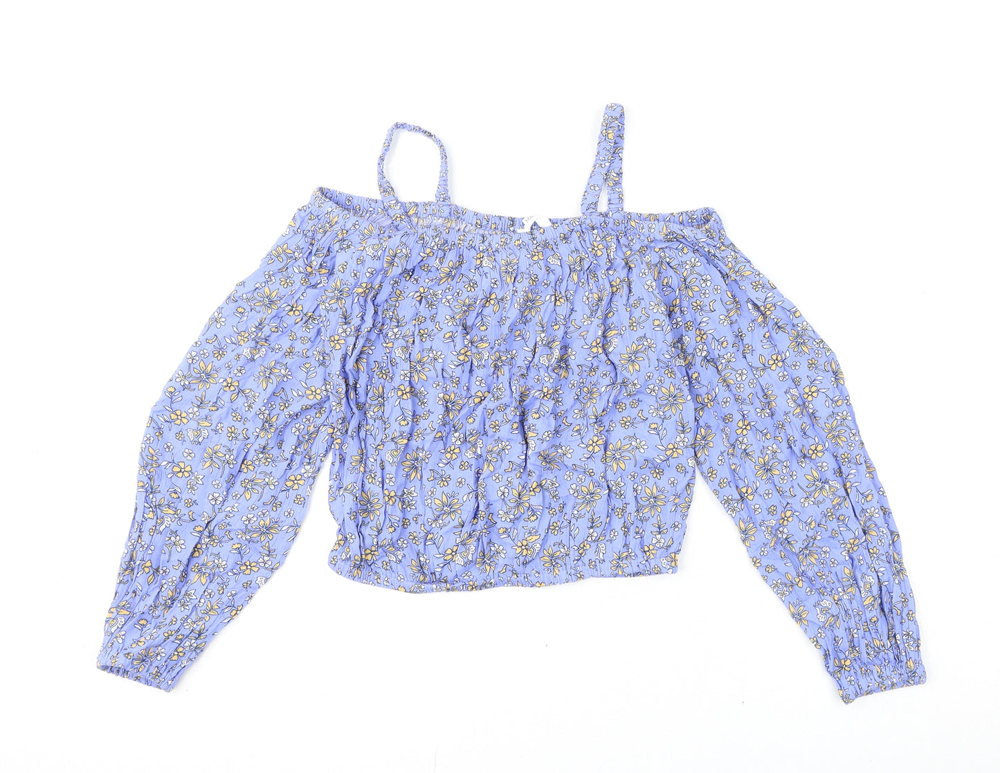 Marks and Spencer Girls Blue Floral Viscose Basic Blouse Size 11-12 Years Square Neck Pullover - Bardot Look