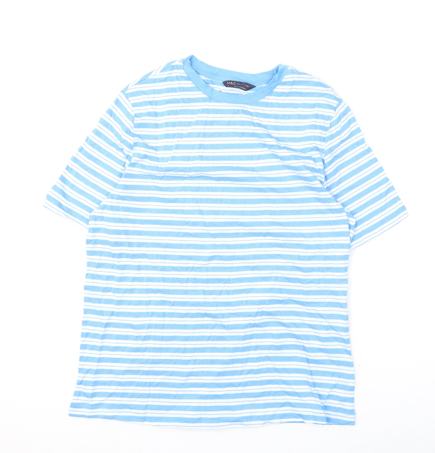 Marks and Spencer Womens Blue Striped Cotton Basic T-Shirt Size 12 Round Neck