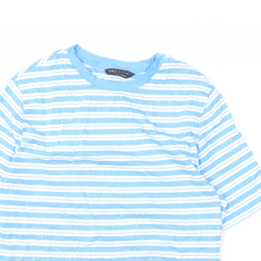 Marks and Spencer Womens Blue Striped Cotton Basic T-Shirt Size 12 Round Neck