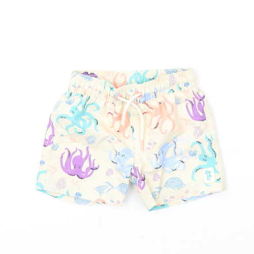Marks and Spencer Boys Beige Geometric Polyester Cropped Trousers Size 9-12 Months Drawstring - Octopus, Swim Shorts