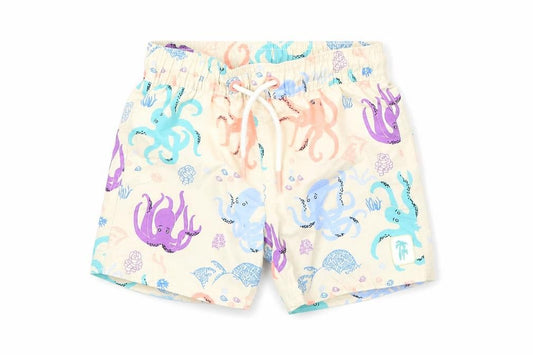 Front view of Marks & Spencer boys’ beige geometric polyester cropped trousers, months drawstring - octopus, swim shorts