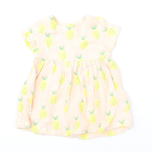 Marks and Spencer Girls Pink Geometric Cotton A-Line Size 3-6 Months Round Neck Button - Lemons