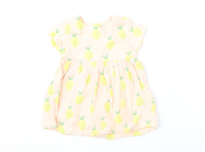 Marks and Spencer Girls Pink Geometric Cotton A-Line Size 3-6 Months Round Neck Button - Lemons