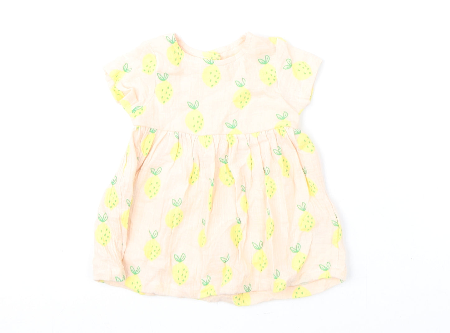 Marks and Spencer Girls Pink Geometric Cotton A-Line Size 3-6 Months Round Neck Button - Lemons