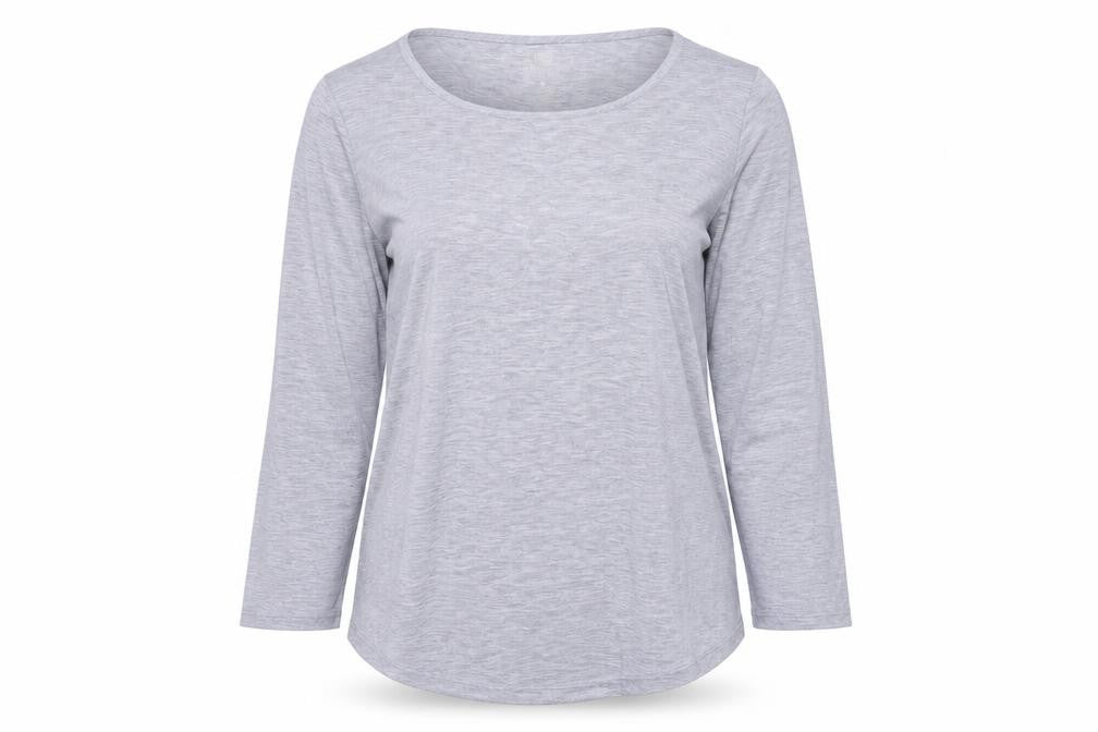 Front view of Sherpa women’s grey polyester basic t-shirt, size S, round neck