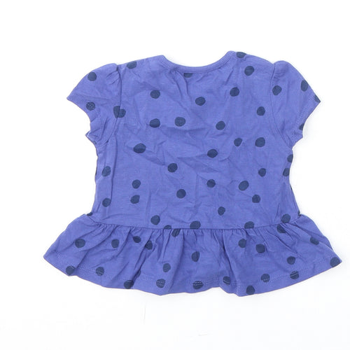 Marks and Spencer Girls Blue Polka Dot Cotton Basic T-Shirt Size 6-9 Months Round Neck Snap