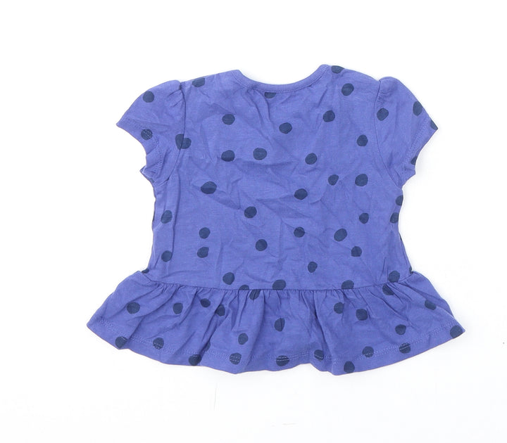 Marks and Spencer Girls Blue Polka Dot Cotton Basic T-Shirt Size 6-9 Months Round Neck Snap
