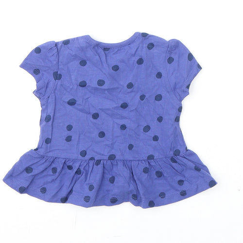 Marks and Spencer Girls Blue Polka Dot Cotton Basic T-Shirt Size 6-9 Months Round Neck Snap