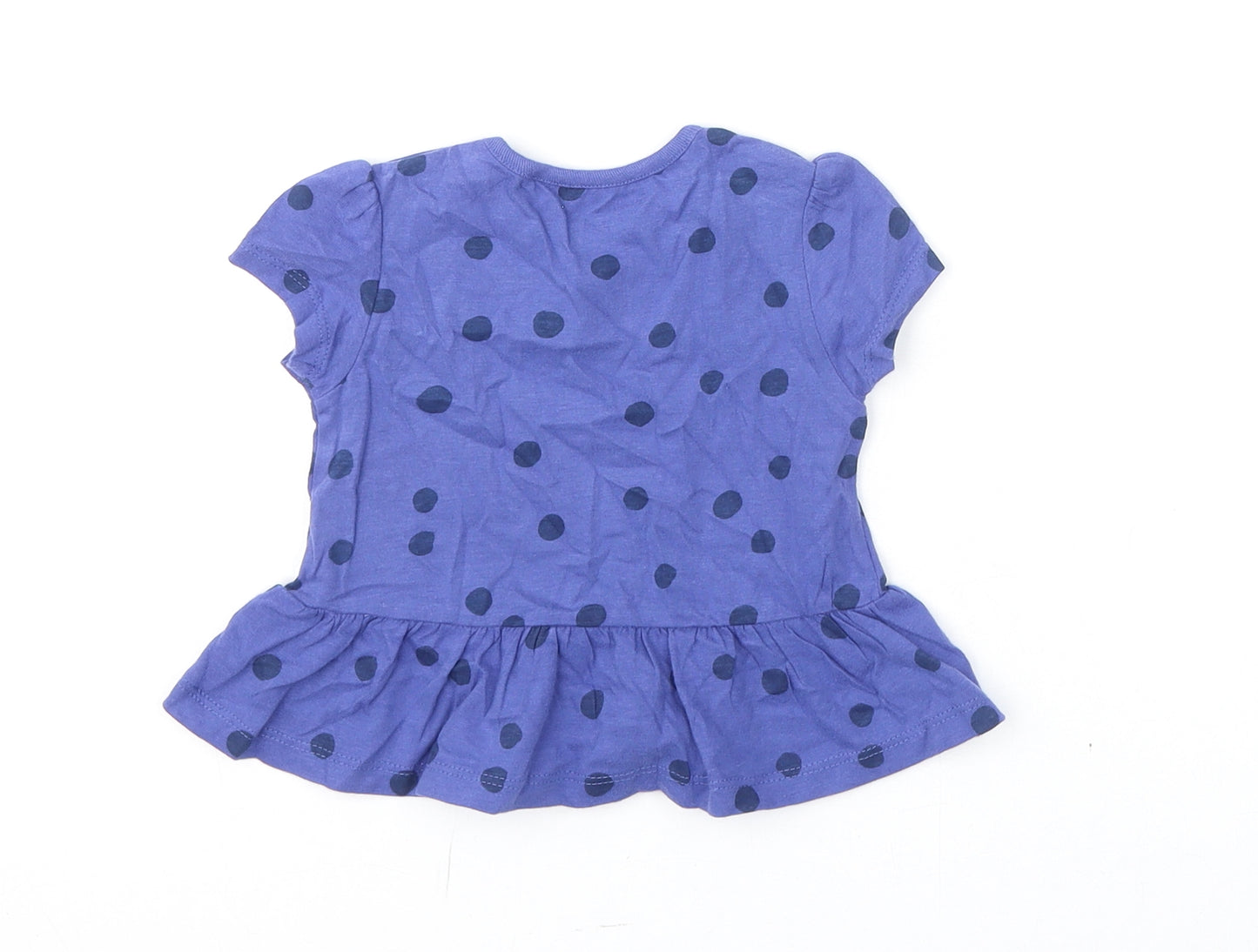 Marks and Spencer Girls Blue Polka Dot Cotton Basic T-Shirt Size 6-9 Months Round Neck Snap