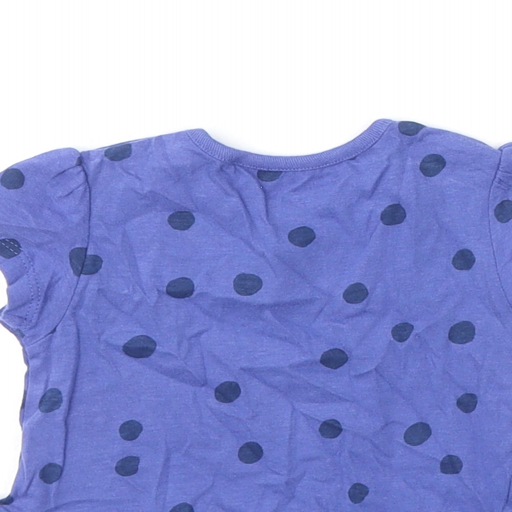 Marks and Spencer Girls Blue Polka Dot Cotton Basic T-Shirt Size 6-9 Months Round Neck Snap