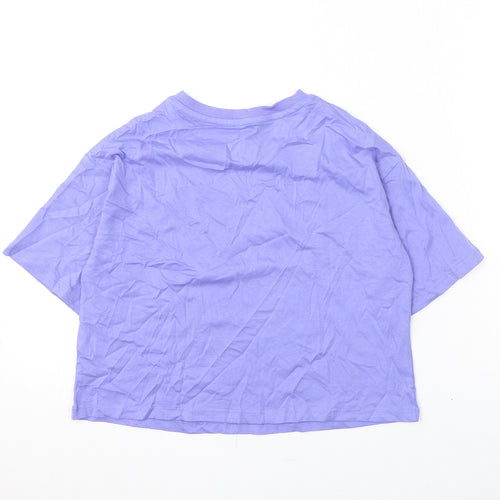 Marks and Spencer Girls Purple Polyester Cropped T-Shirt Size 8-9 Years Round Neck Pullover - Peace Love Happiness