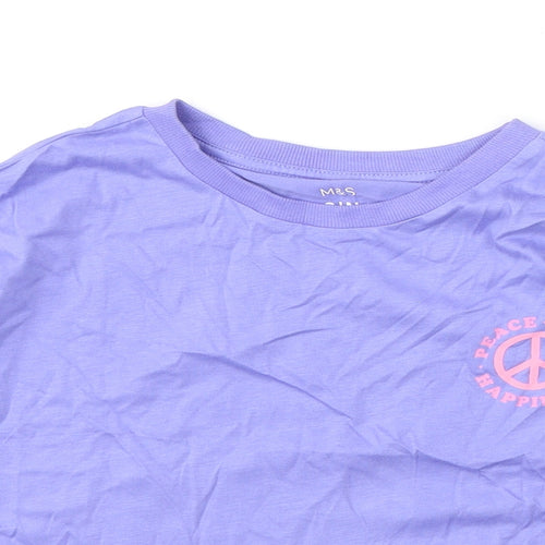 Marks and Spencer Girls Purple Polyester Cropped T-Shirt Size 8-9 Years Round Neck Pullover - Peace Love Happiness