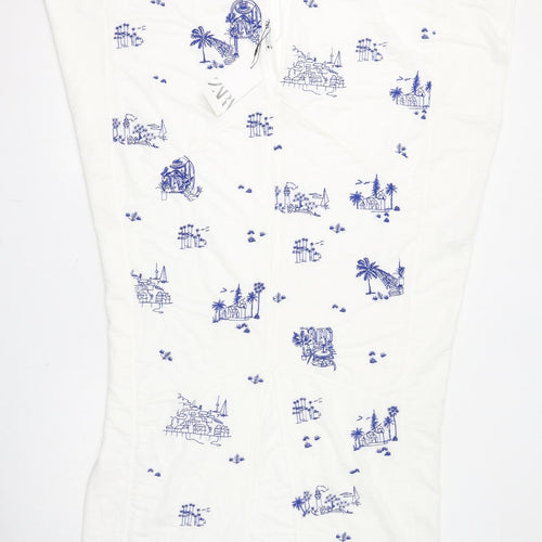 Zara Womens Ivory Geometric Viscose Sheath Size M V-Neck Tie - Embroidery