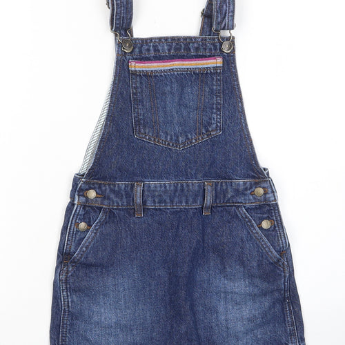 Fat Face Girls Blue Cotton Pinafore/Dungaree Dress Size 6-7 Years Square Neck Snap