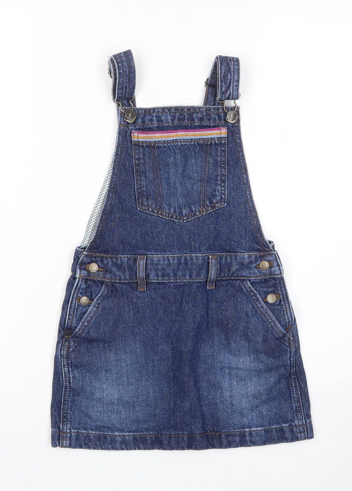 Fat Face Girls Blue Cotton Pinafore/Dungaree Dress Size 6-7 Years Square Neck Snap