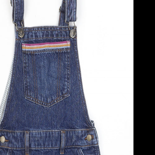 Fat Face Girls Blue Cotton Pinafore/Dungaree Dress Size 6-7 Years Square Neck Snap