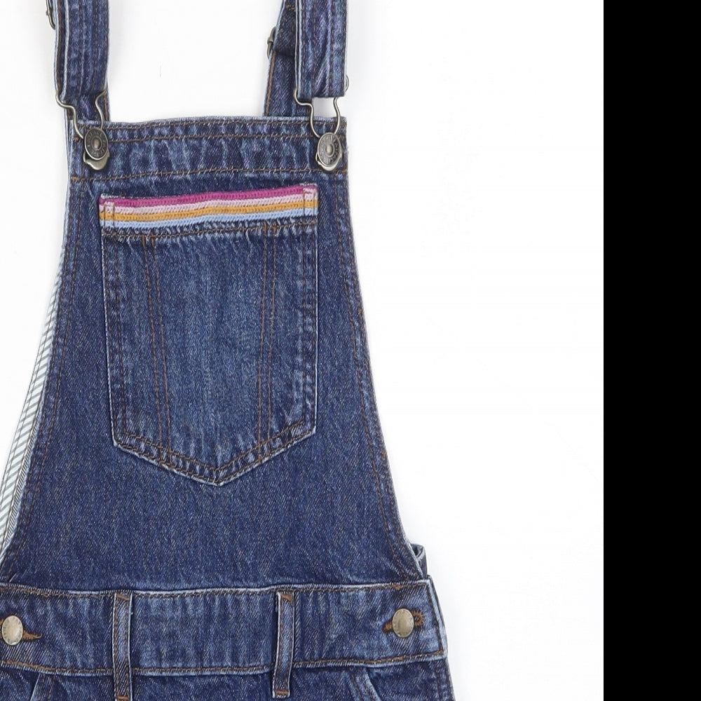 Fat Face Girls Blue Cotton Pinafore/Dungaree Dress Size 6-7 Years Square Neck Snap