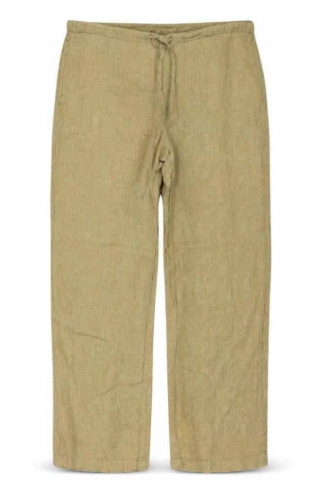 Front view of Dorm women’s beige polyester trousers, size UK 38, in, 28-inch leg regular drawstring