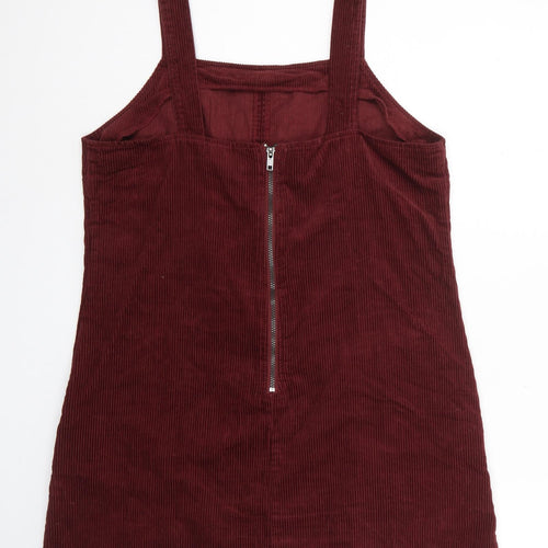 New Look Womens Red Cotton Pinafore/Dungaree Dress Size 12 Square Neck Zip