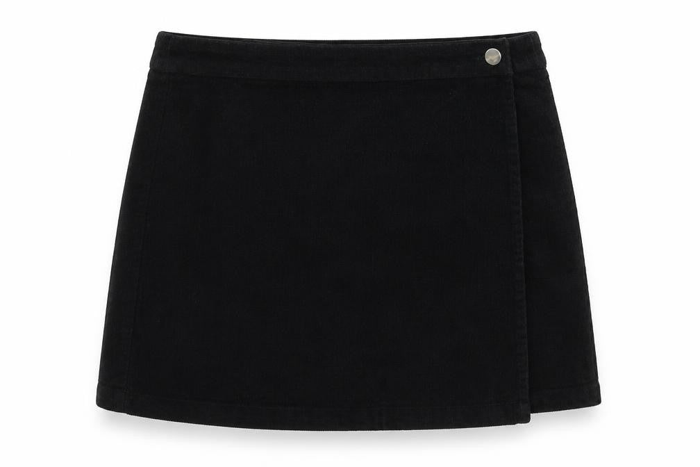 Front view of ASOS women’s black cotton wrap skirt, size UK 10, button