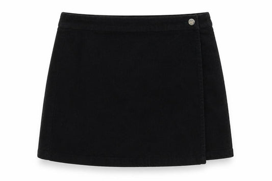 Front view of ASOS women’s black cotton wrap skirt, size UK 10, button