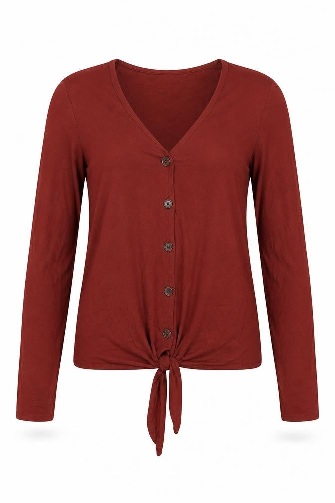 Front view of New Look women’s brown viscose basic button-up, size UK 10, v-neck