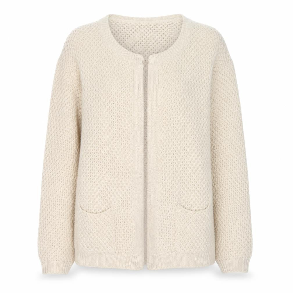 Front view of River Island women’s beige v-neck acrylic cape jumper, size UK 12