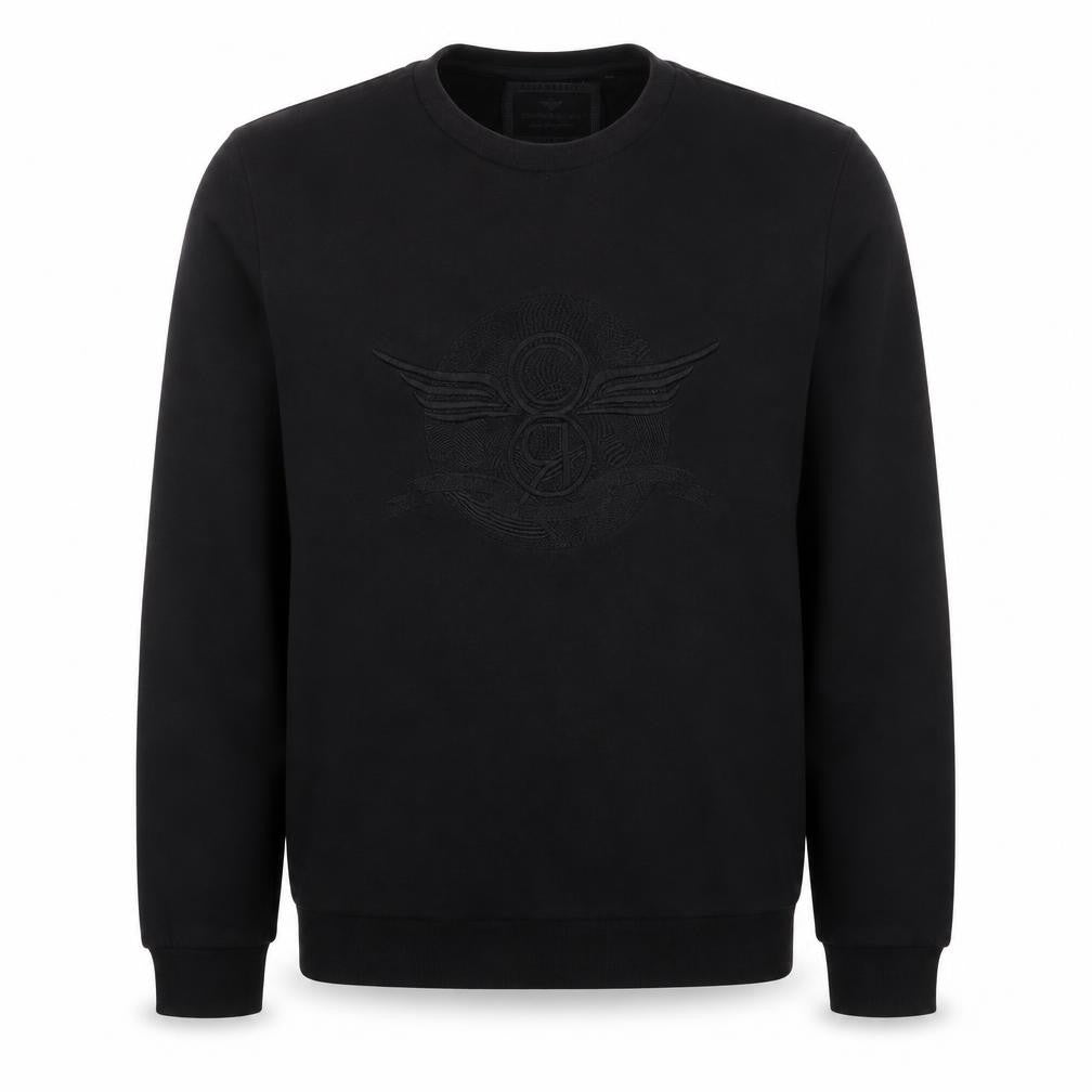 Front view of CREATIVE RECREATION men’s black cotton pullover sweatshirt, size M, - logo