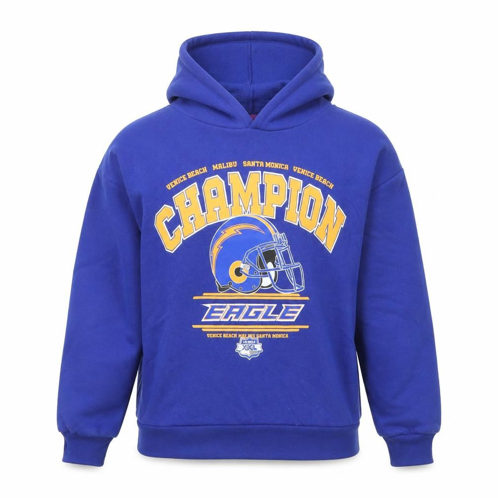 Front view of Edikted women’s blue viscose pullover hoodie, size XS, pullover - champion eagle, size XS/s