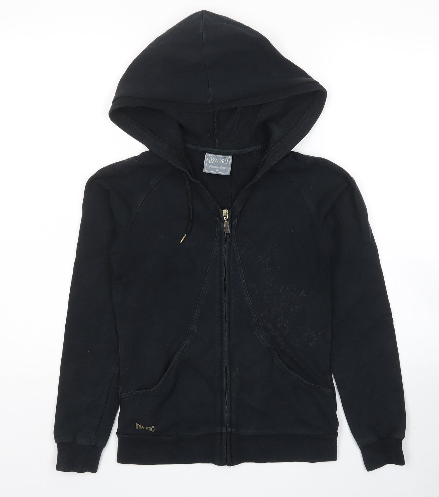 USA Pro Womens Black Cotton Full Zip Hoodie Size 8 Zip