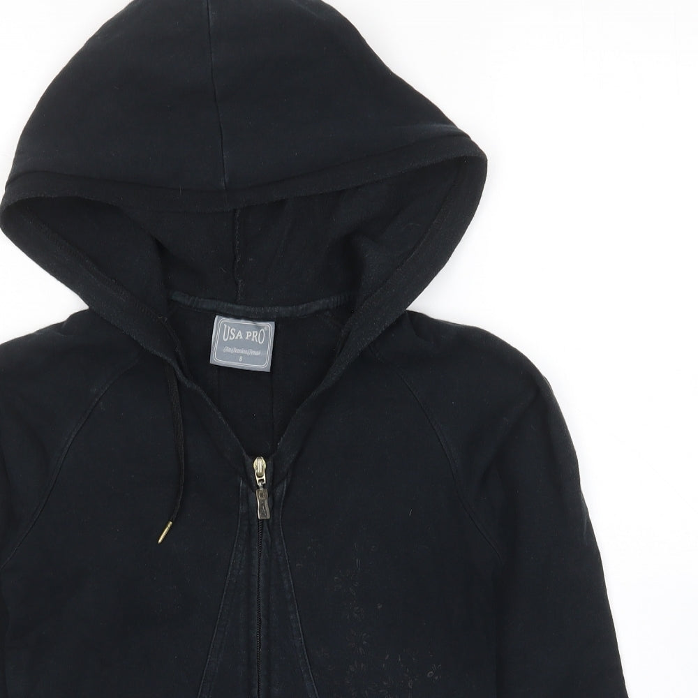 USA Pro Womens Black Cotton Full Zip Hoodie Size 8 Zip