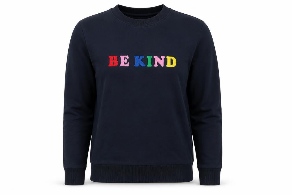 Front view of Neon Sheep women’s blue cotton pullover sweatshirt, size XS, pullover - be kind