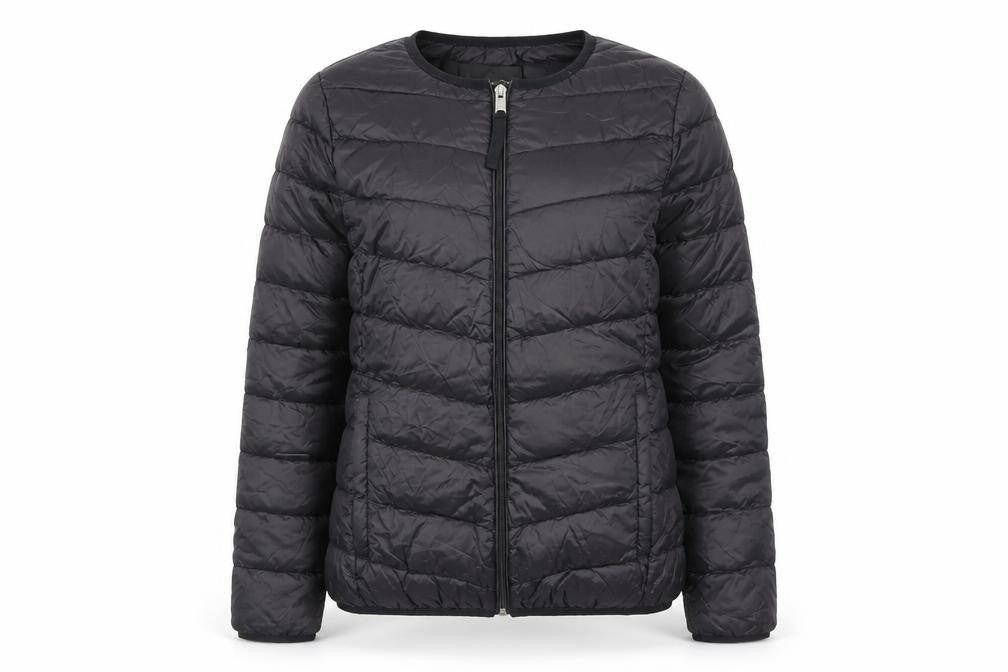 Front view of Stradivarius women’s black puffer jacket coat, size S, zip