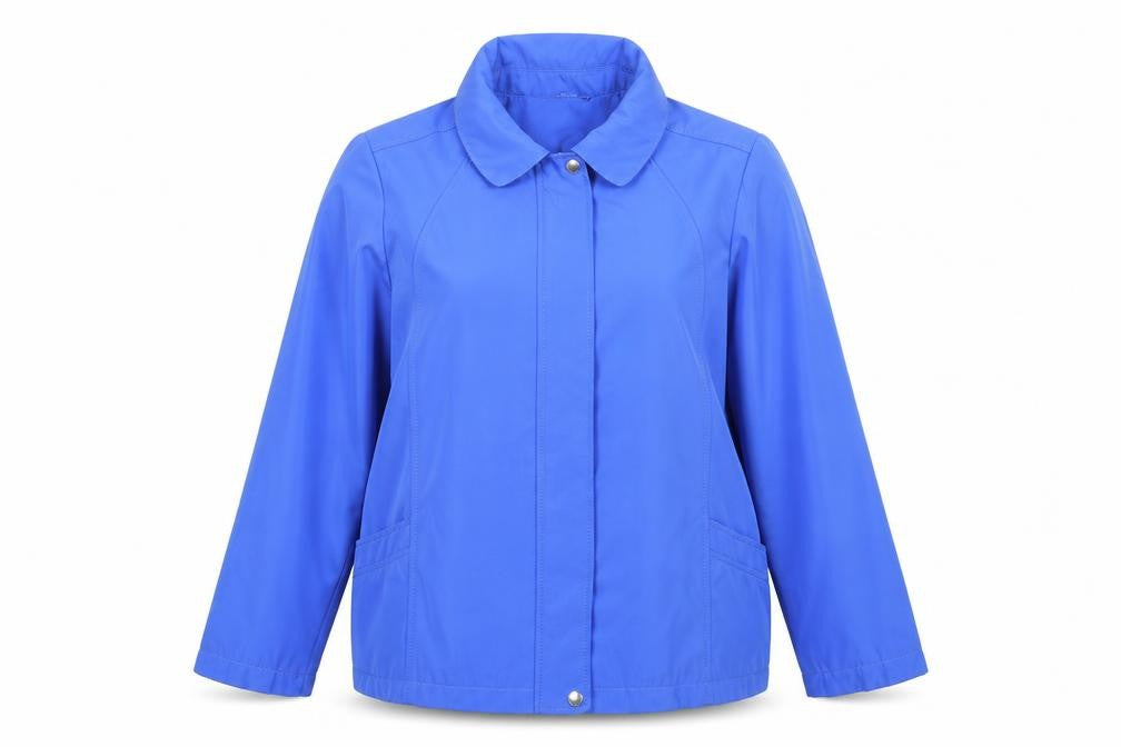 Front view of Bonmarché women’s blue rain coat coat, size L, zip