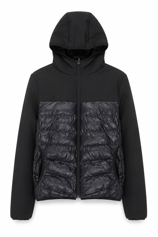 Front view of Brave Soul women’s black puffer jacket coat, size S, zip